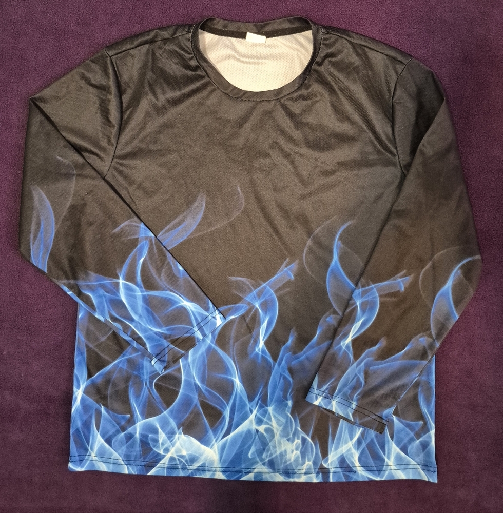 S&B BLUE FLAME BLACK SHIRT long sleeve mens fits Medium Goth Halloween